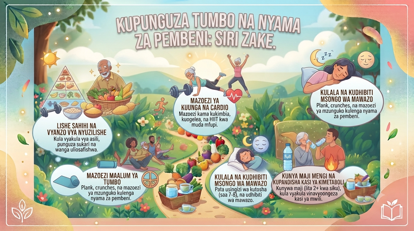 Kupunguza tumbo na nyama za pembeni: Siri zake.